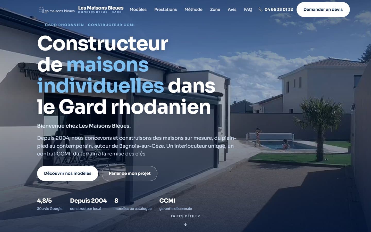 Site internet des Maisons Bleues, constructeur de maisons dans le Gard, réalisé par Thaylart